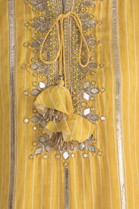 Gopi Vaid Yellow Cotton Silk Printed Stripe Band Collar Sali Kaftan Tunic Online at Aza Fashions Gopi Vaid_Yellow Cotton Silk Printed Stripe Band Collar Sali Kaftan Tunic _Online_at_Aza_Fashions