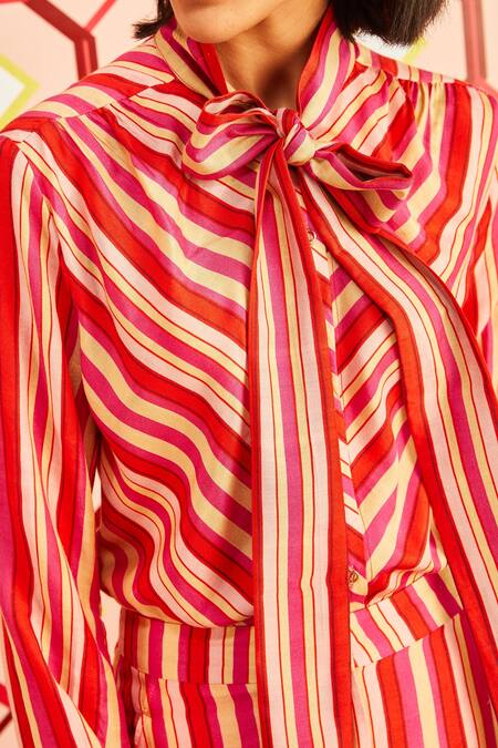 Betrue_Red Handloom Cotton, Silk Bandeau Neck Happy Striped Patterned Bow Shirt _Online_at_Aza_Fashions