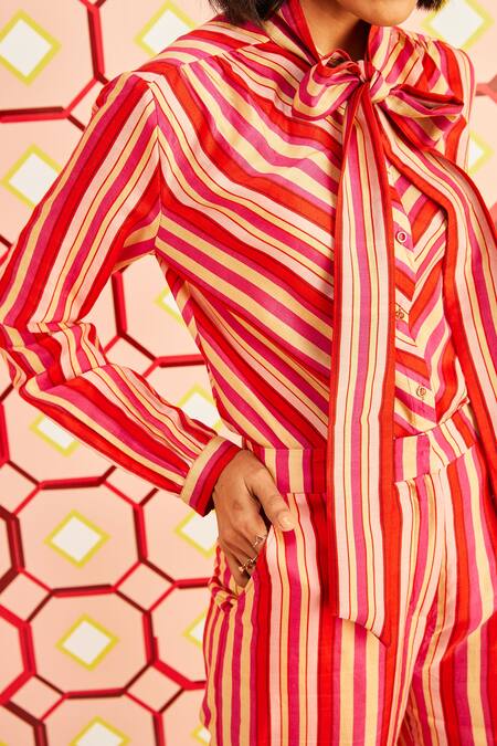 Buy_Betrue_Red Handloom Cotton, Silk Bandeau Neck Happy Striped Patterned Bow Shirt _Online_at_Aza_Fashions