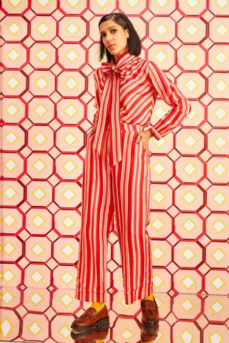 Shop Betrue Red Handloom Cotton, Silk Bandeau Neck Happy Striped Patterned Bow Shirt Online at Aza Fashions Shop_Betrue_Red Handloom Cotton, Silk Bandeau Neck Happy Striped Patterned Bow Shirt _Online_at_Aza_Fashions