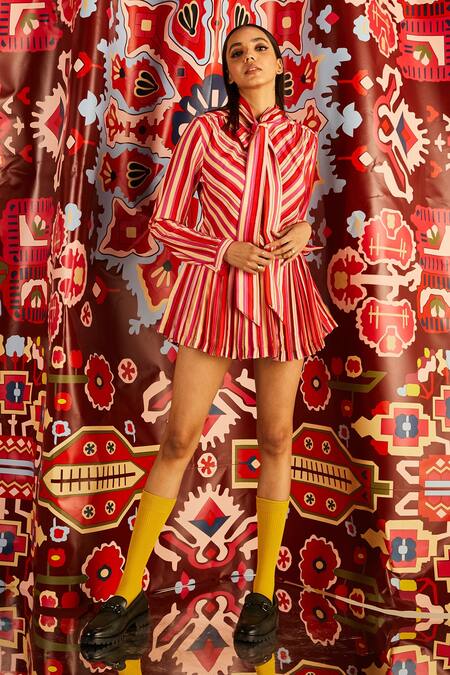 Betrue_Red Handloom Cotton, Silk Collared Happy Striped Patterned Mini Dress _Online_at_Aza_Fashions