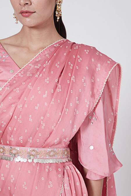 Ruchira Nangalia_Pink Modal Zari, Embroidery V-neck Bandhani Print Pre-stitched Saree Set_Online_at_Aza_Fashions
