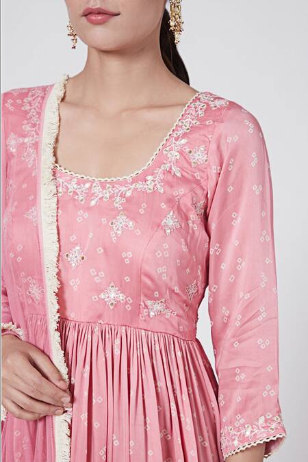 Ruchira Nangalia Pink Modal Embroidery, Lace Round Neck Bandhani Anarkali Set Online at Aza Fashions Ruchira Nangalia_Pink Modal Embroidery, Lace Round Neck Bandhani Anarkali Set_Online_at_Aza_Fashions