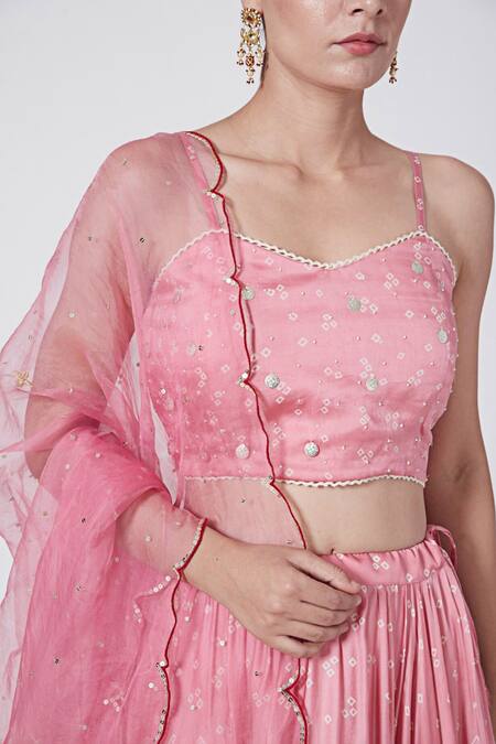 Buy_Ruchira Nangalia_Pink Modal Pearls, Sequins Sweetheart Neck Bandhani Print Blouse Lehenga Set_Online_at_Aza_Fashions