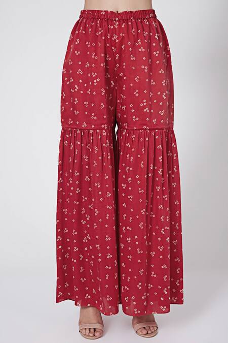 Ruchira Nangalia_Red Modal, Chiffon Gota Patti V-neck Bandhani Print Kurta Sharara Set_Online_at_Aza_Fashions