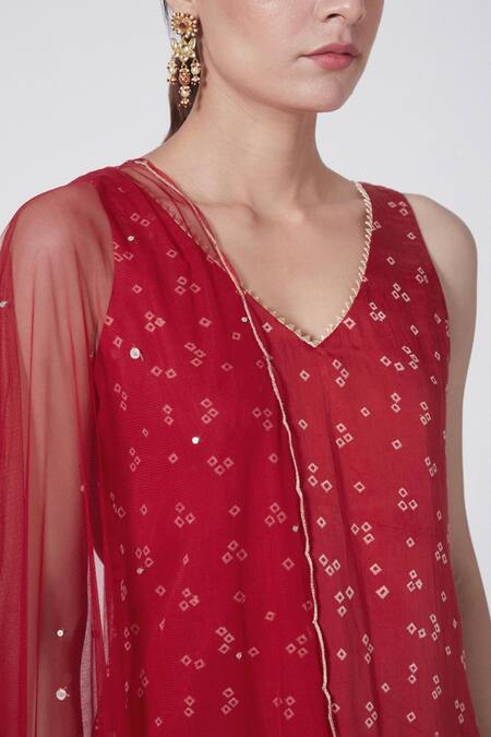 Buy_Ruchira Nangalia_Red Modal, Chiffon Gota Patti V-neck Bandhani Print Kurta Sharara Set_Online_at_Aza_Fashions