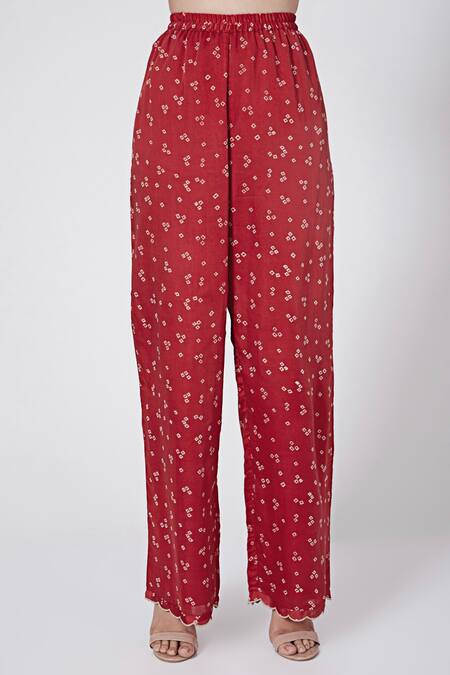 Ruchira Nangalia_Red Modal Embroidery Round Neck Printed Kurta And Pant Set_Online_at_Aza_Fashions