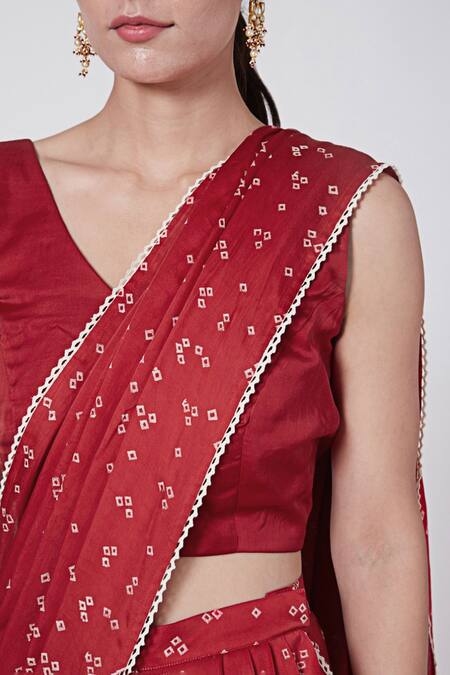 Ruchira Nangalia_Red Modal Embroidery, Lace V-neck Bandhani Print Pre-stitched Saree With Blouse_Online_at_Aza_Fashions