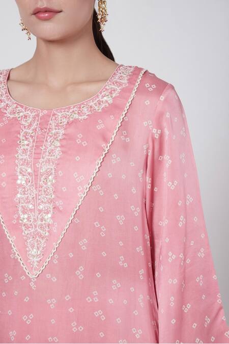 Buy_Ruchira Nangalia_Pink Modal Embroidery Round Neck Bandhani Print Kurta And Pant Set_Online_at_Aza_Fashions