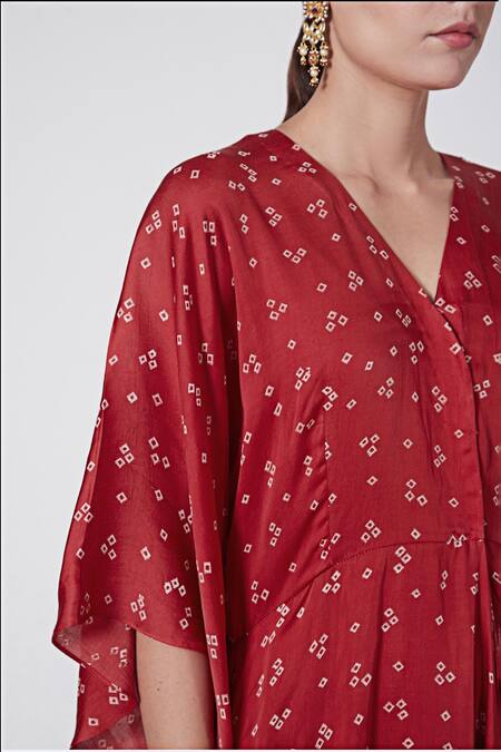 Ruchira Nangalia Red Modal V-neck Bandhani Print Cowl Dress Online at Aza Fashions Ruchira Nangalia_Red Modal V-neck Bandhani Print Cowl Dress_Online_at_Aza_Fashions