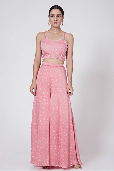 Ruchira Nangalia_Pink Modal Pearls Sweetheart Neck Bandhani Print Cape Palazzo Set_Online_at_Aza_Fashions