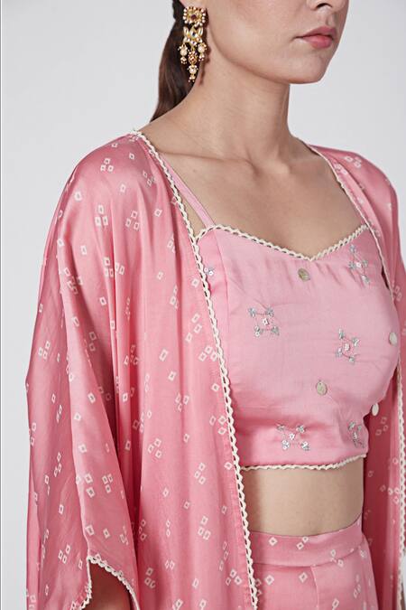 Buy_Ruchira Nangalia_Pink Modal Pearls Sweetheart Neck Bandhani Print Cape Palazzo Set_Online_at_Aza_Fashions