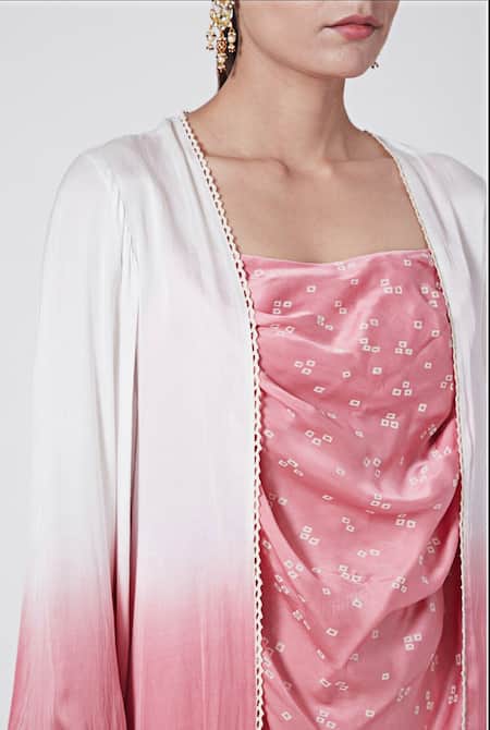Ruchira Nangalia_Pink Modal Lace Cowl , Open Bandhani Print Draped Dress With Jacket_Online_at_Aza_Fashions