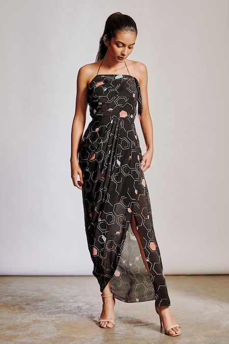 Pocket Stories Black Crepe Halter Neck Abstract Print Maxi Dress Online at Aza Fashions Pocket Stories_Black Crepe Halter Neck Abstract Print Maxi Dress _Online_at_Aza_Fashions