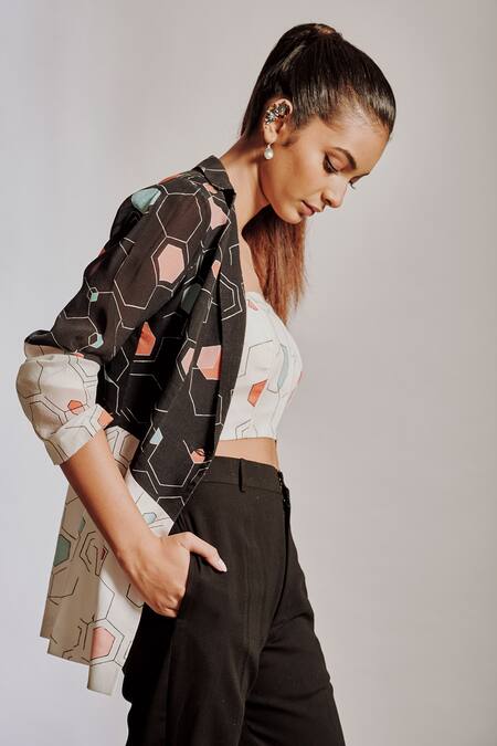 Pocket Stories Black Crepe, Hemp Bandeau Neck Abstract Print Blazer Pant Set Online at Aza Fashions Pocket Stories_Black Crepe, Hemp Bandeau Neck Abstract Print Blazer Pant Set _Online_at_Aza_Fashions