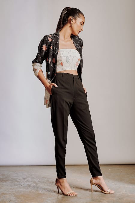 Buy Pocket Stories Black Crepe, Hemp Bandeau Neck Abstract Print Blazer Pant Set Online at Aza Fashions Buy_Pocket Stories_Black Crepe, Hemp Bandeau Neck Abstract Print Blazer Pant Set _Online_at_Aza_Fashions