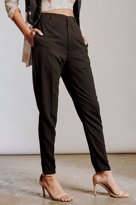 Shop Pocket Stories Black Crepe, Hemp Bandeau Neck Abstract Print Blazer Pant Set Shop_Pocket Stories_Black Crepe, Hemp Bandeau Neck Abstract Print Blazer Pant Set