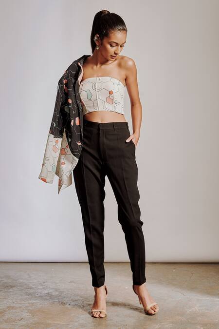 Shop Pocket Stories Black Crepe, Hemp Bandeau Neck Abstract Print Blazer Pant Set Online at Aza Fashions Shop_Pocket Stories_Black Crepe, Hemp Bandeau Neck Abstract Print Blazer Pant Set _Online_at_Aza_Fashions