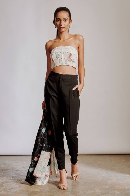Pocket Stories Black Crepe, Hemp Bandeau Neck Abstract Print Blazer Pant Set at Aza Fashions Pocket Stories_Black Crepe, Hemp Bandeau Neck Abstract Print Blazer Pant Set _at_Aza_Fashions
