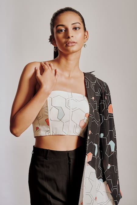 Buy Pocket Stories Black Crepe, Hemp Bandeau Neck Abstract Print Blazer Pant Set Buy_Pocket Stories_Black Crepe, Hemp Bandeau Neck Abstract Print Blazer Pant Set