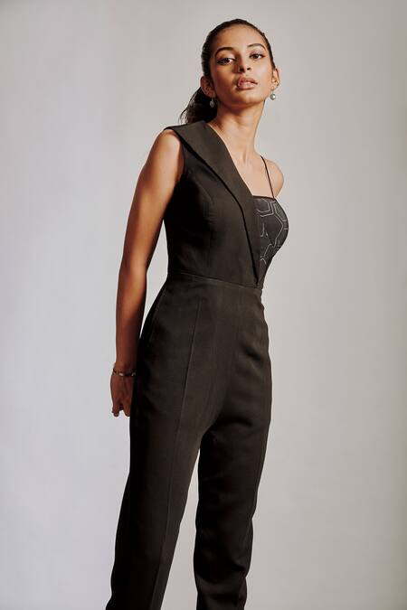 Shop Pocket Stories Black Hemp Embroidery Collared Solid Lapel Jumpsuit Online at Aza Fashions Shop_Pocket Stories_Black Hemp Embroidery Collared Solid Lapel Jumpsuit _Online_at_Aza_Fashions