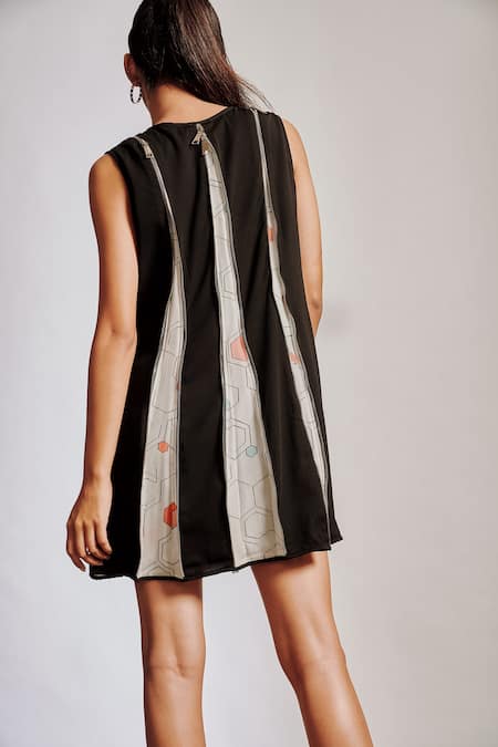 Pocket Stories Black Microfiber Round Neck Zip Embellished Short Dress at Aza Fashions Pocket Stories_Black Microfiber Round Neck Zip Embellished Short Dress _at_Aza_Fashions