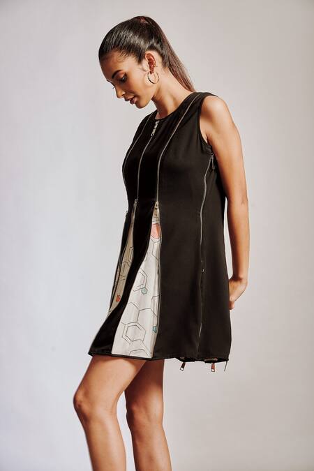 Buy Pocket Stories Black Microfiber Round Neck Zip Embellished Short Dress Buy_Pocket Stories_Black Microfiber Round Neck Zip Embellished Short Dress