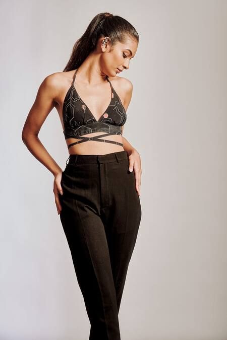 Pocket Stories Black Crepe Halter Neck Honey Comb Print Bustier And Pant Set Online at Aza Fashions Pocket Stories_Black Crepe Halter Neck Honey Comb Print Bustier And Pant Set _Online_at_Aza_Fashions