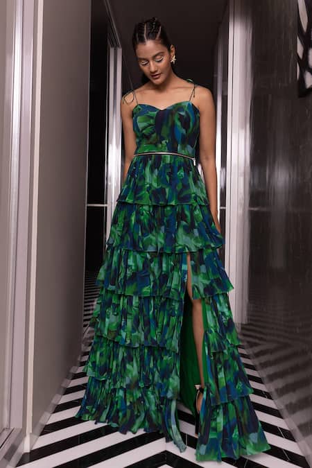 Shop Pocket Stories Green Crepe Sweetheart Neck Abstract Print Strappy Layered Gown Online at Aza Fashions Shop_Pocket Stories_Green Crepe Sweetheart Neck Abstract Print Strappy Layered Gown _Online_at_Aza_Fashions