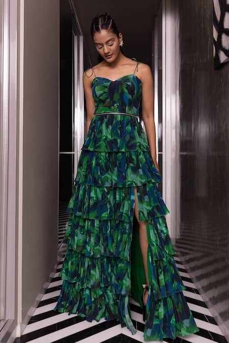 Buy Pocket Stories Green Crepe Sweetheart Neck Abstract Print Strappy Layered Gown Online at Aza Fashions Buy_Pocket Stories_Green Crepe Sweetheart Neck Abstract Print Strappy Layered Gown _Online_at_Aza_Fashions