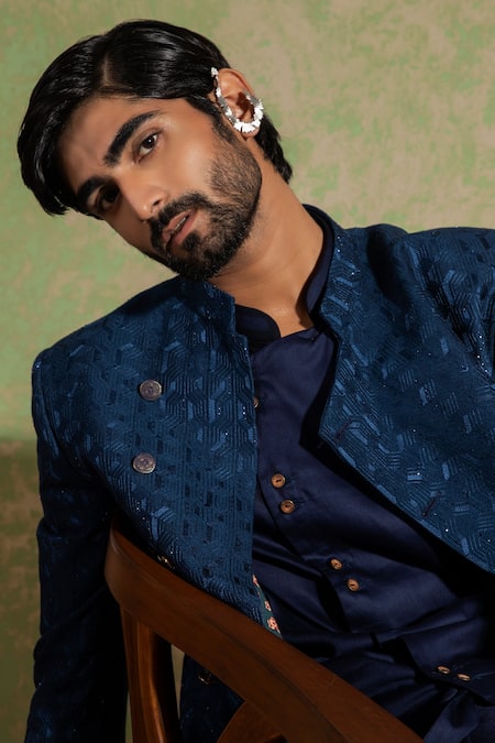 Ankita Shahabadi Blue Silk Thread Hamir Embroidered Achkan Online at Aza Fashions Ankita Shahabadi_Blue Silk Thread Hamir Embroidered Achkan _Online_at_Aza_Fashions