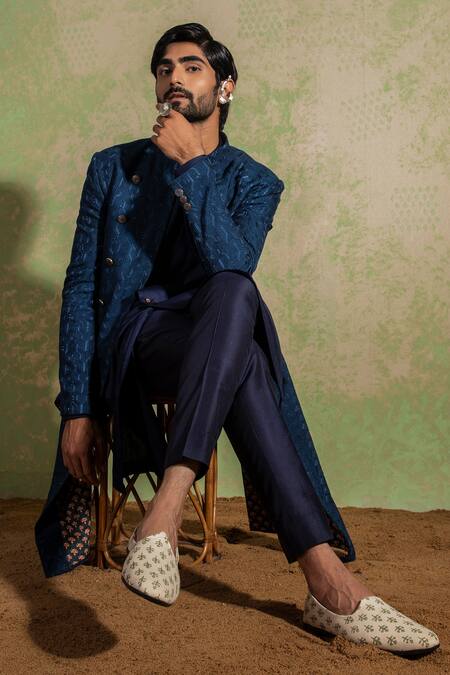 Buy Ankita Shahabadi Blue Silk Thread Hamir Embroidered Achkan Online at Aza Fashions Buy_Ankita Shahabadi_Blue Silk Thread Hamir Embroidered Achkan _Online_at_Aza_Fashions