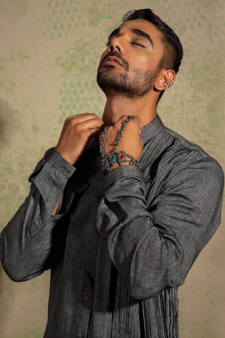 Shop Ankita Shahabadi Grey Bamboo Silk Reeham Layered Kurta Online at Aza Fashions Shop_Ankita Shahabadi_Grey Bamboo Silk Reeham Layered Kurta _Online_at_Aza_Fashions