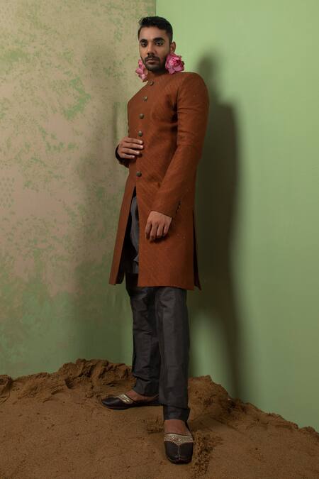 Ankita Shahabadi Brown Silk Thread And Cutdana Prasint Textured Achkan Online at Aza Fashions Ankita Shahabadi_Brown Silk Thread And Cutdana Prasint Textured Achkan _Online_at_Aza_Fashions