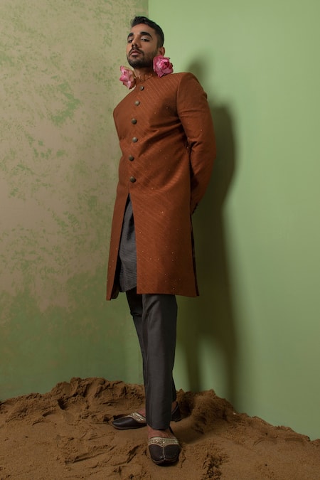 Buy Ankita Shahabadi Brown Silk Thread And Cutdana Prasint Textured Achkan Online at Aza Fashions Buy_Ankita Shahabadi_Brown Silk Thread And Cutdana Prasint Textured Achkan _Online_at_Aza_Fashions