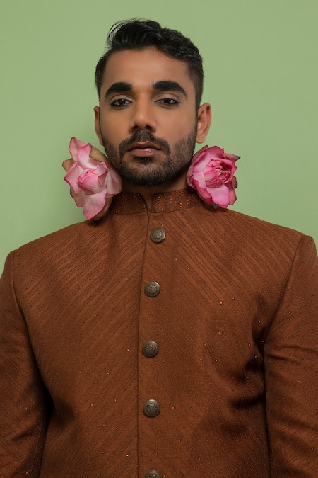 Shop Ankita Shahabadi Brown Silk Thread And Cutdana Prasint Textured Achkan Online at Aza Fashions Shop_Ankita Shahabadi_Brown Silk Thread And Cutdana Prasint Textured Achkan _Online_at_Aza_Fashions