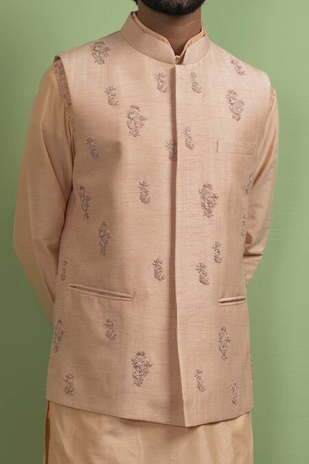 Ankita Shahabadi_Pink Raw Silk Thread Paksh Embroidered Bundi Kurta Set _Online_at_Aza_Fashions