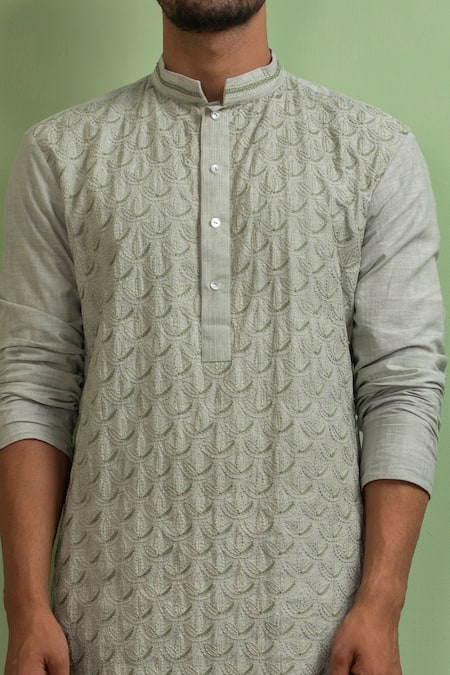 Ankita Shahabadi Green Linen Thread Amara Kantha Stitch Kurta Online at Aza Fashions Ankita Shahabadi_Green Linen Thread Amara Kantha Stitch Kurta _Online_at_Aza_Fashions