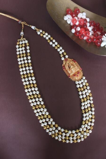 Nayaab By Sonia Gold Plated Trimala Temple Pendant Necklace at Aza Fashions Nayaab By Sonia_Gold Plated Trimala Temple Pendant Necklace _at_Aza_Fashions