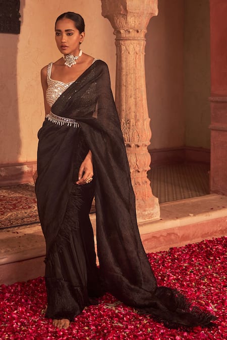 NIDHIKA SHEKHAR Black Silk Sequins, Feathers, Beads Deccan Tyohaar Pre-draped Saree Set Online at Aza Fashions NIDHIKA SHEKHAR_Black Silk Sequins, Feathers, Beads Deccan Tyohaar Pre-draped Saree Set _Online_at_Aza_Fashions