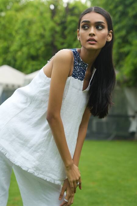 Buy_Label Ruhbab_White Linen, Viscose Tassels, Embroidery Round Neck Floral Pure Top And Pant Set _Online_at_Aza_Fashions