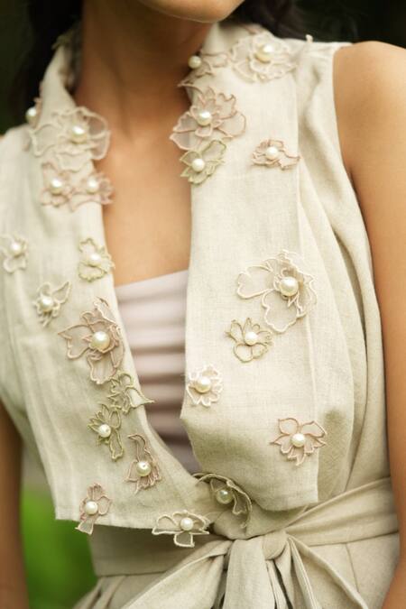 Label Ruhbab_Beige Linen, Viscose Pearls, Embroidery Open Floral Pure Jacket And Pant Set _Online_at_Aza_Fashions