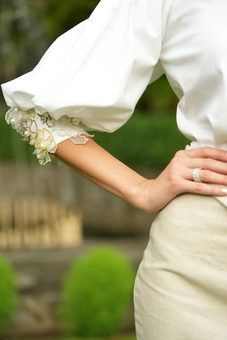 Label Ruhbab_White Cotton Pearls High Neck Embroidered Cuff Sleeve Italian Shirt _Online_at_Aza_Fashions