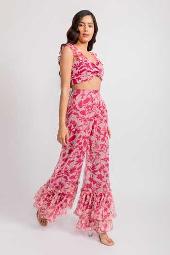Aroop Shop India_Pink Chiffon Embroidery V-neck Emma Floral Print Flared Pant Set _Online_at_Aza_Fashions