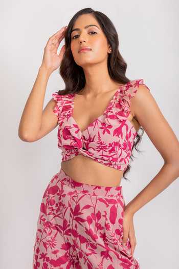 Buy_Aroop Shop India_Pink Chiffon Embroidery V-neck Emma Floral Print Flared Pant Set _Online_at_Aza_Fashions