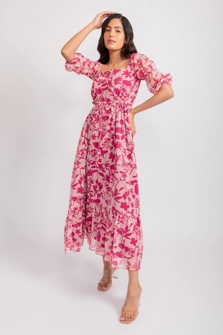 Aroop Shop India Pink Chiffon Square Neck Irene Floral Print Puff Sleeve Dress Online at Aza Fashions Aroop Shop India_Pink Chiffon Square Neck Irene Floral Print Puff Sleeve Dress _Online_at_Aza_Fashions