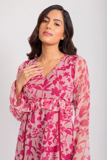 Aroop Shop India_Pink Chiffon V-neck Elisa Lacy Floral Print Dress _Online_at_Aza_Fashions