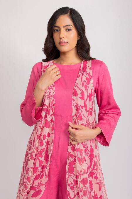 Buy_Aroop Shop India_Pink Round Neck Solid Jumpsuit With Printed Cape _Online_at_Aza_Fashions