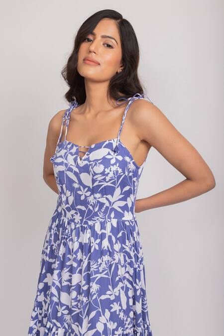 Buy_Aroop Shop India_Blue Velvet Lace Sweetheart Neck Berry Floral Print Maxi Dress _Online_at_Aza_Fashions