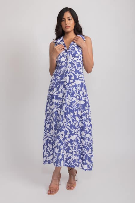 Aroop Shop India_Blue Velvet Embroidery Button-down Neck Pixie Floral Print Shirt Dress _Online_at_Aza_Fashions
